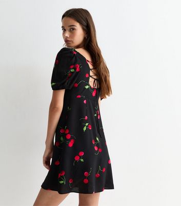Black Cherry Print Lace Up Back Mini Dress New Look