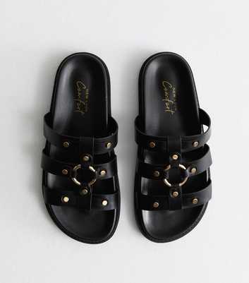 Black Leather-Look Ring Detail Chunky Sliders