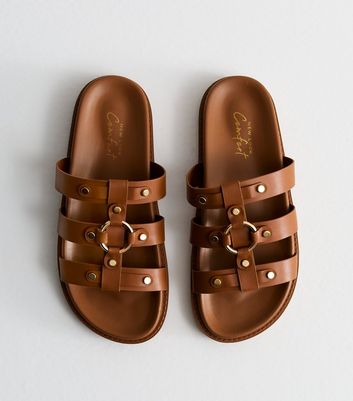 Tan Leather-Look Ring Detail Chunky Sliders New Look