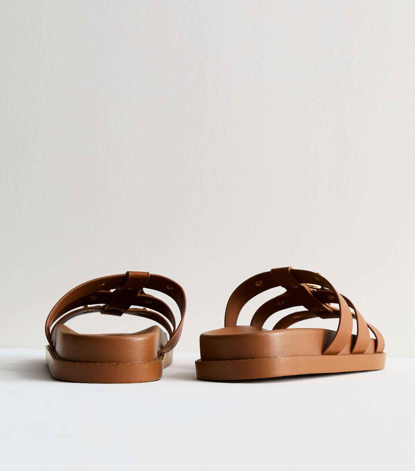 Tan Leather-Look Ring Detail Chunky Sliders Image 3