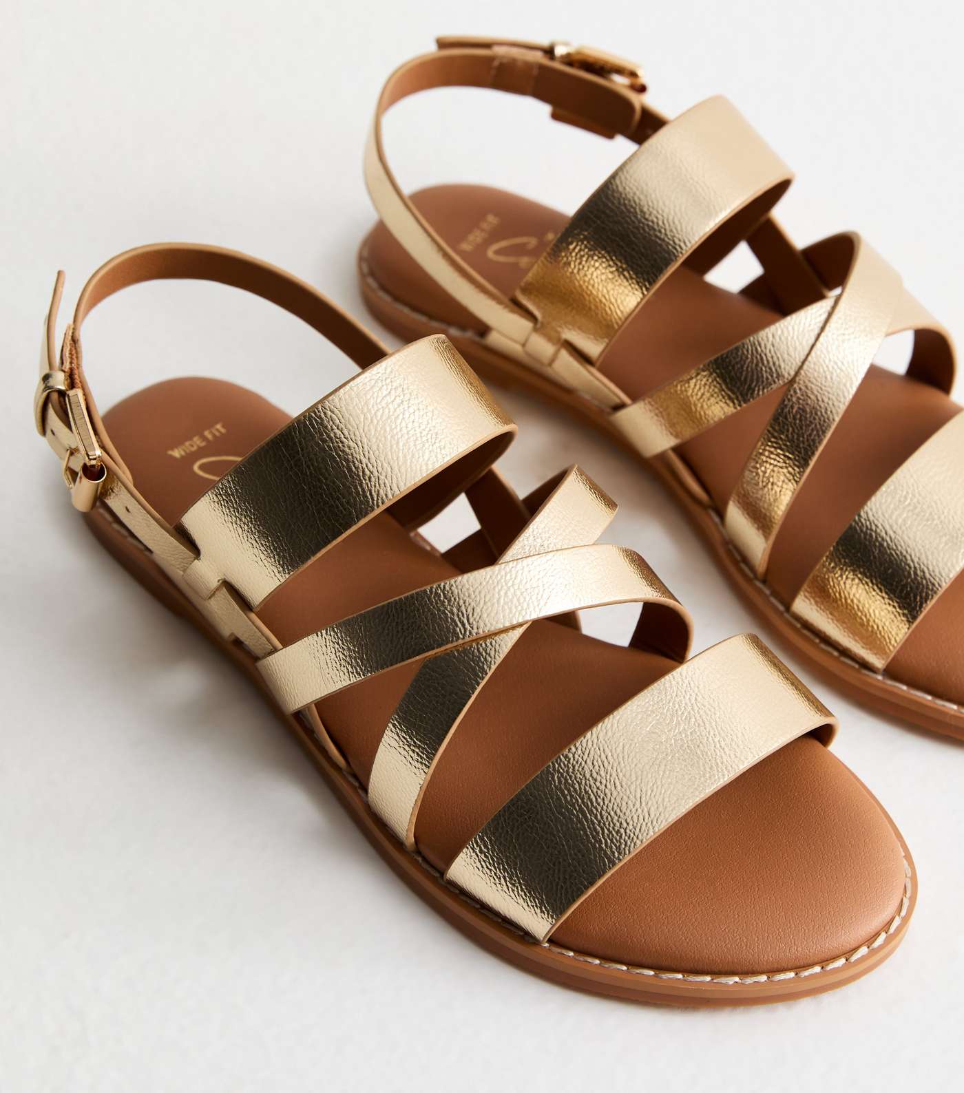Wide Fit Gold Leather-Look Strappy Sandals Image 3