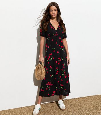 Black Cherry Print Button Front Midi Dress New Look