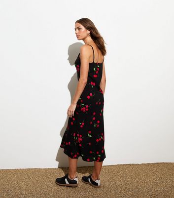 Black Strappy Cherry Print Midi Slip Dress New Look