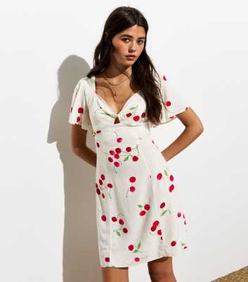 White Cherry Print Twist Front Mini Dress