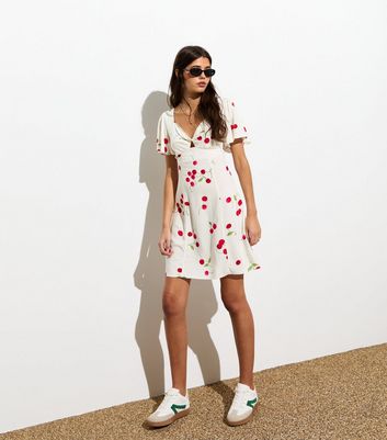 White Cherry Print Twist Front Mini Dress New Look