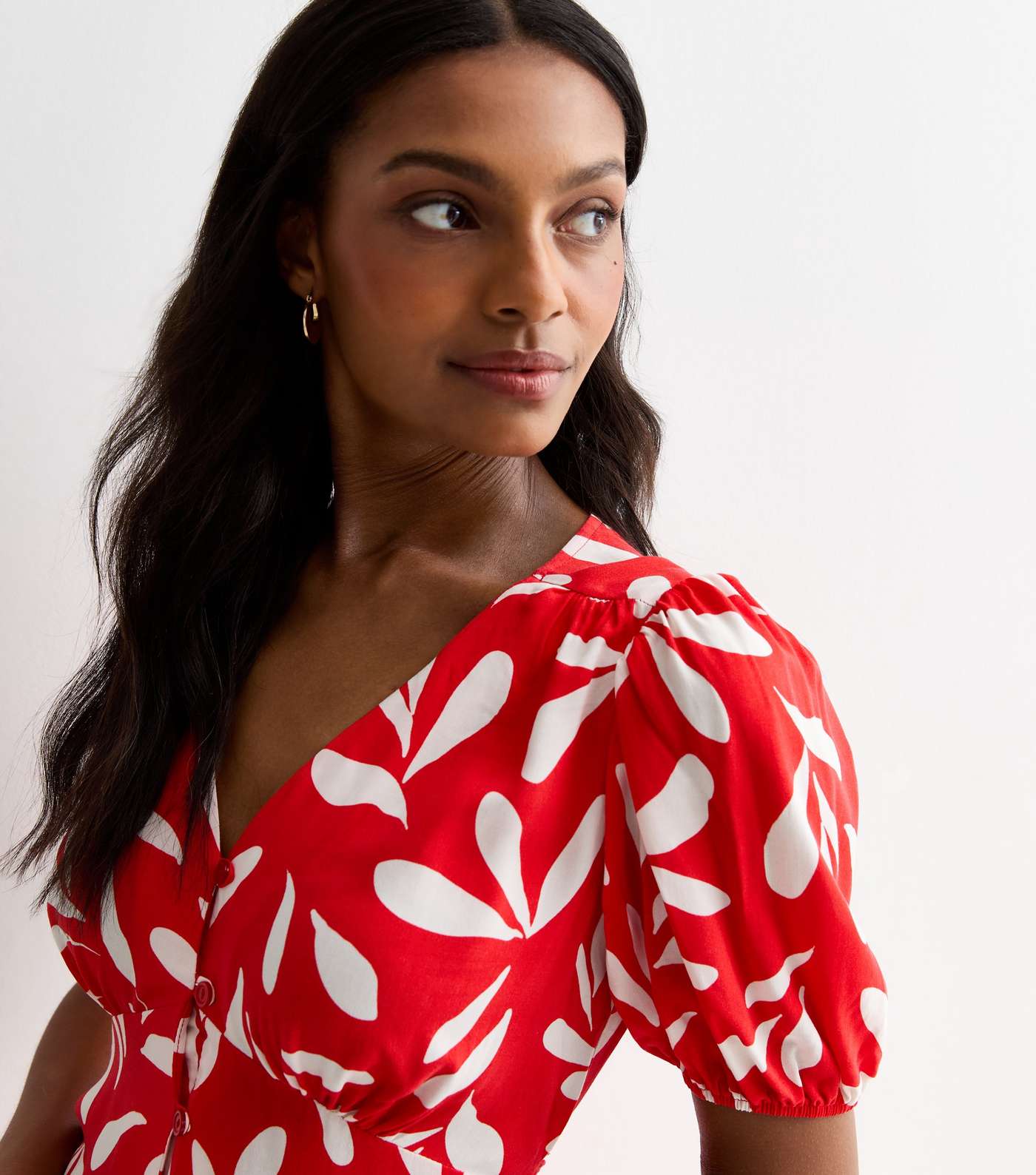 Red Buttoned Leaf Print Midi Dress Image 2