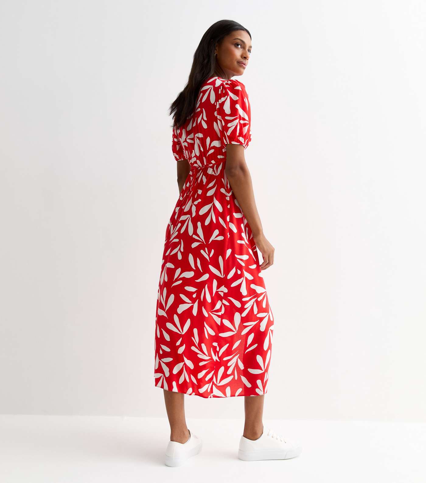 Red Buttoned Leaf Print Midi Dress Image 4