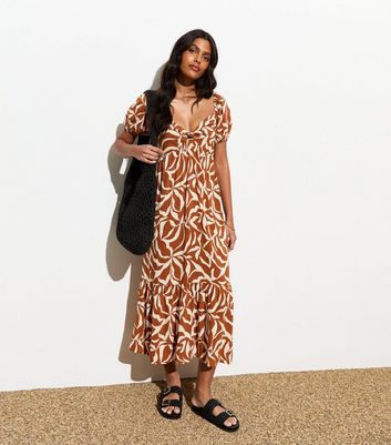 Brown Abstract Print Knot Front Midi Dress New Look