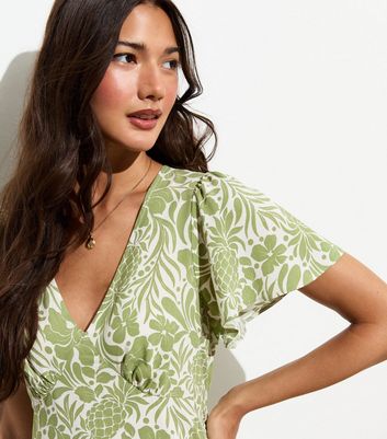 Green Tropical-Print V-Neck Mini Dress New Look