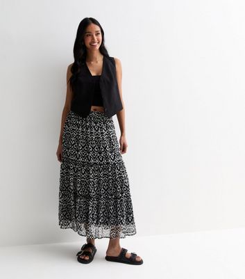 Black Abstract Print Chiffon Tiered Midi Skirt New Look