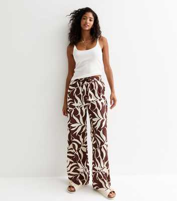 Brown Palm Print Wide Leg Trousers