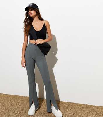 Dark Grey Ribbed Split Front Flared Trousers