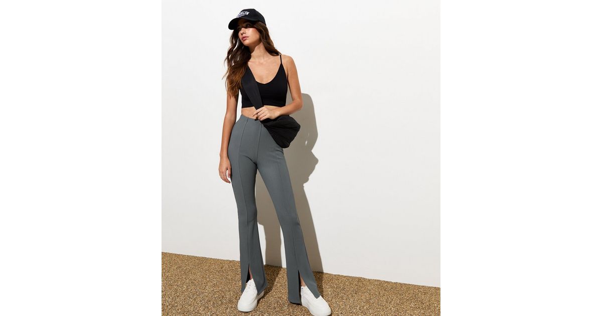 Womens Grey Split Trousers Gym King Grey Split Hem Ribbed Flared
