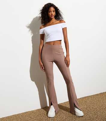 Light Brown Ribbed Split Front Flared Trousers