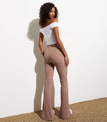 Light Brown Ribbed Split Front Flared Trousers | New Look