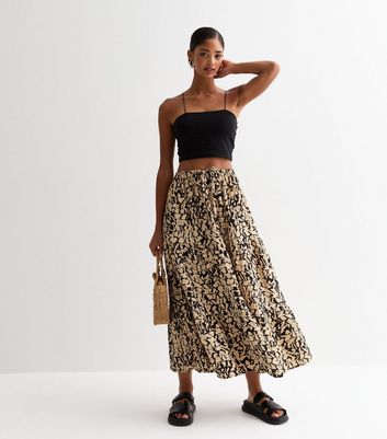 Brown Abstract Print Textured Tiered Midi Skirt New Look