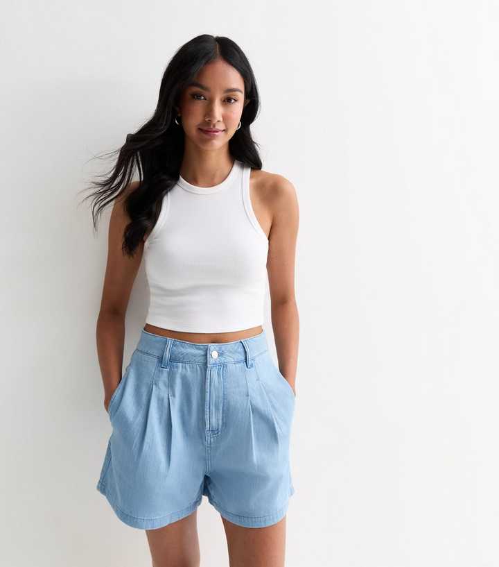 Mid Blue Denim Pleated Shorts