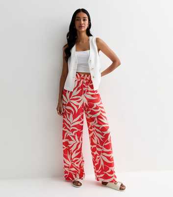 Red Palm Print Satin Wide Leg Trousers