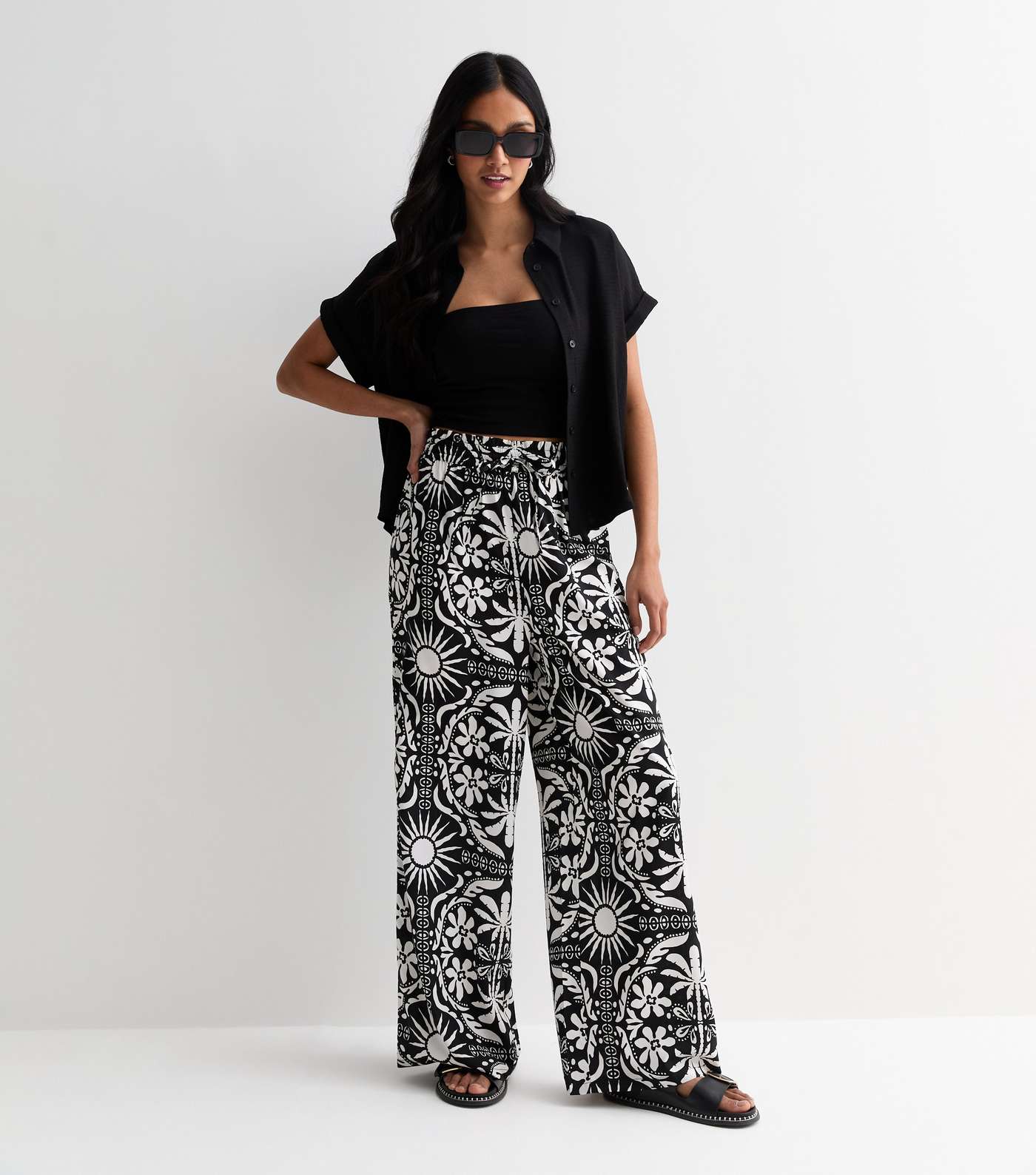 Black Abstract Print Wide Leg Trousers Image 3