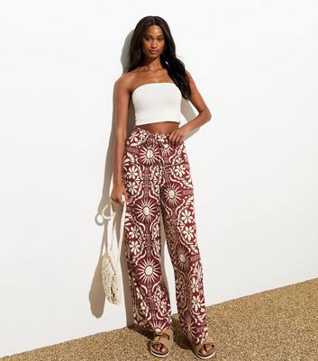 Brown Abstract-Print Wide Leg Trousers New Look