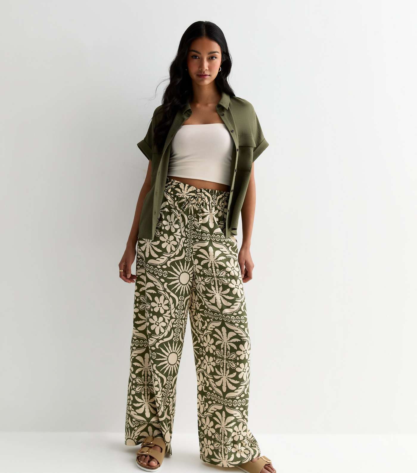 Green Mixed Print Wide Leg Trousers Image 2