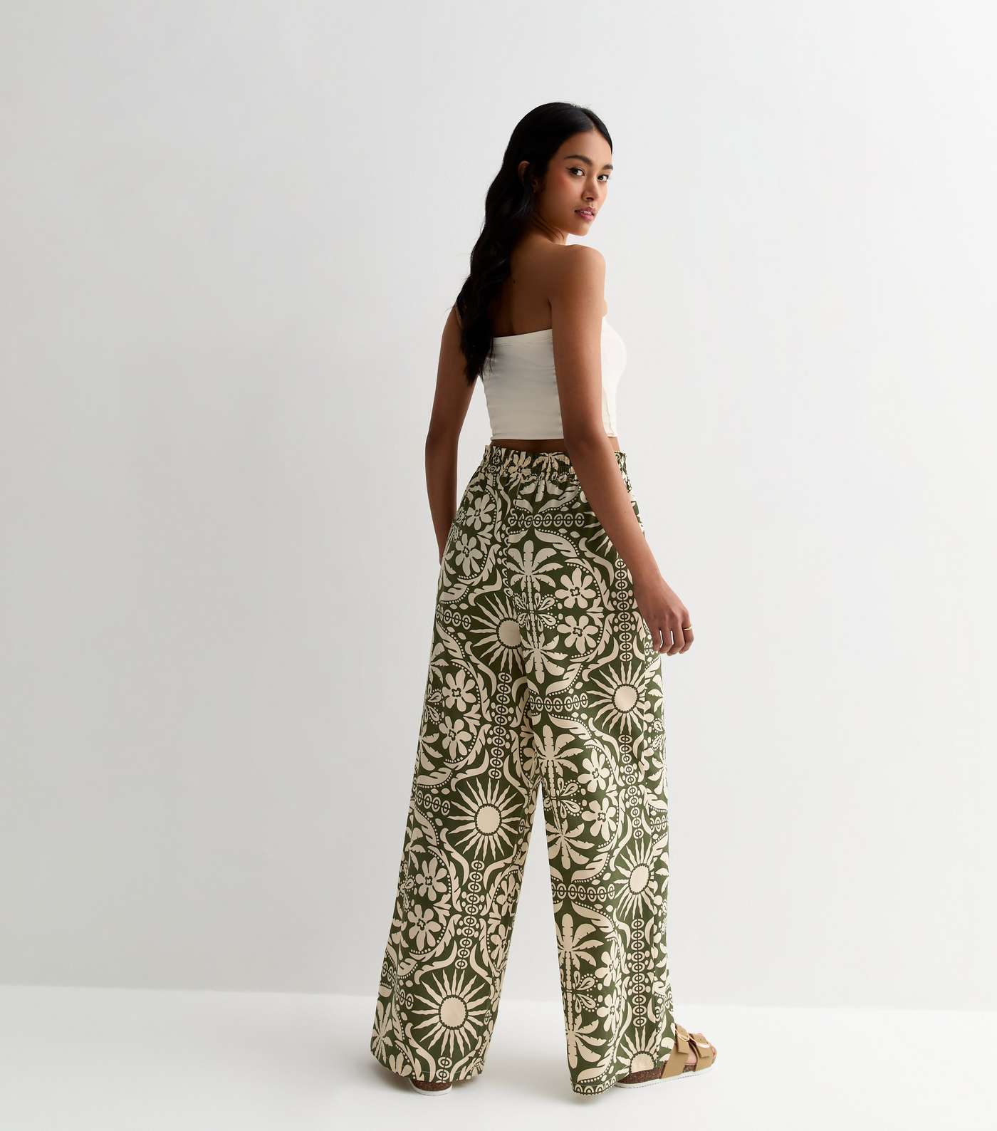 Green Mixed Print Wide Leg Trousers Image 4