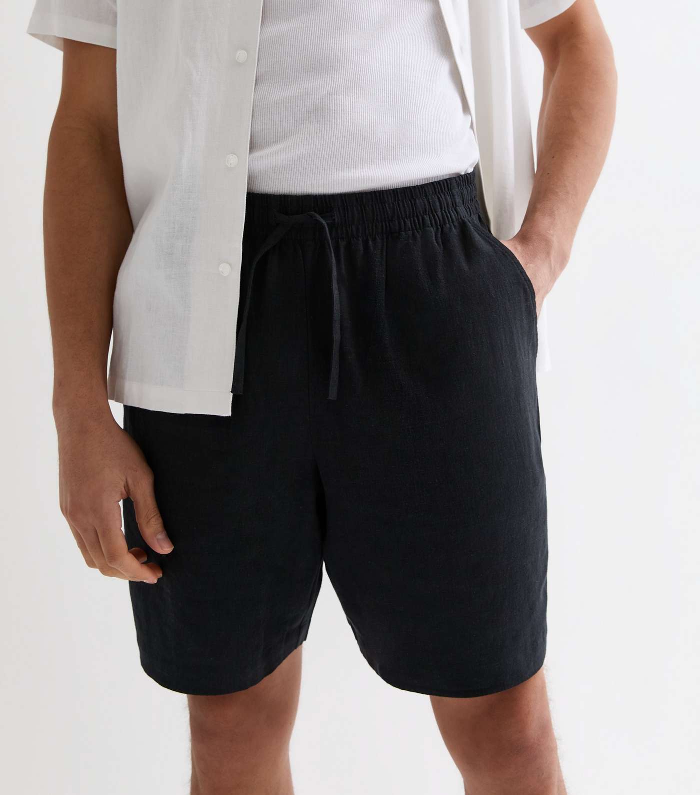 Black Relaxed Fit Linen Blend Shorts Image 2
