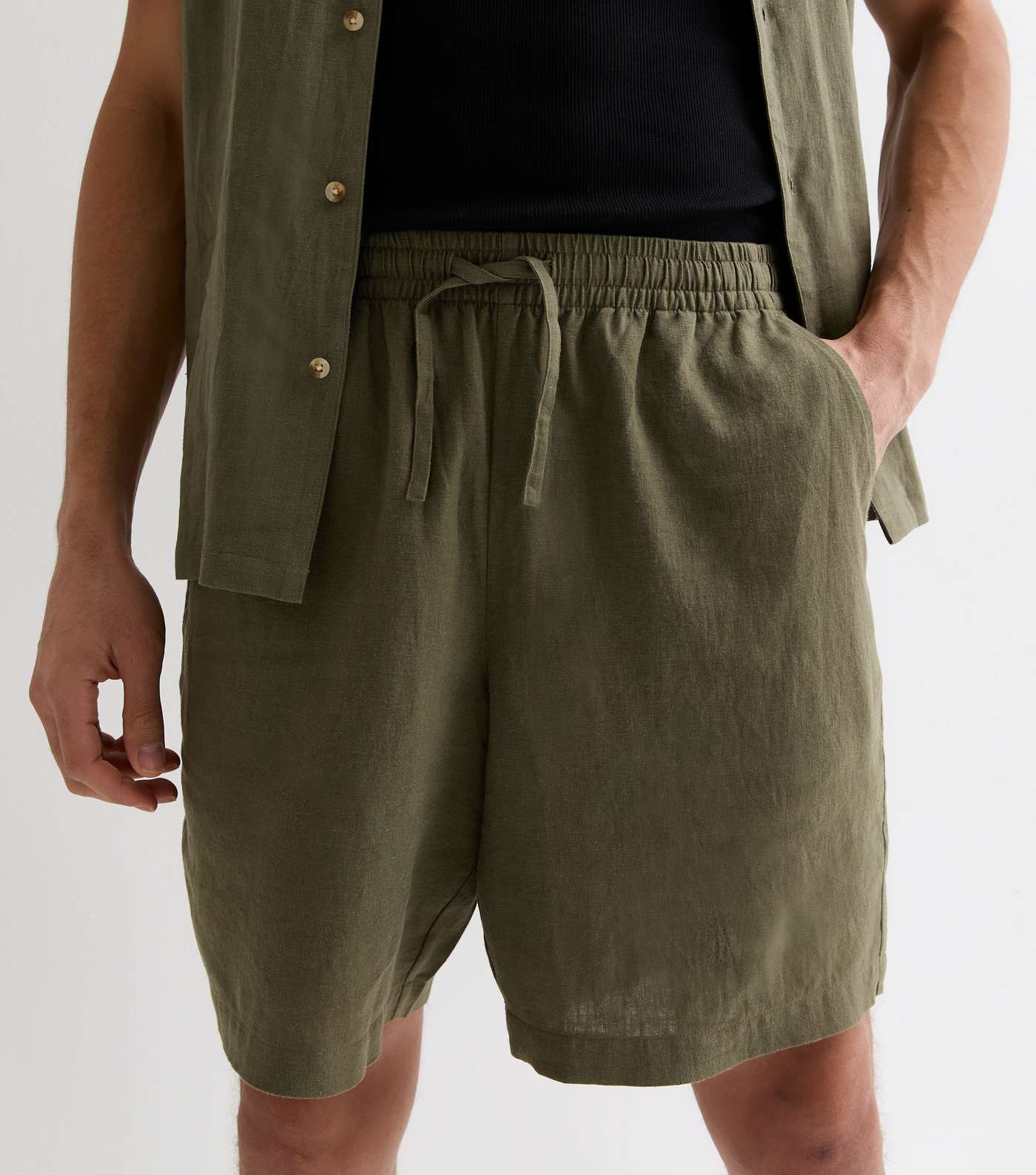 Khaki Relaxed Fit Linen Blend Shorts Image 2