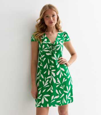 Green Leaf Print Tie Front Mini Dress