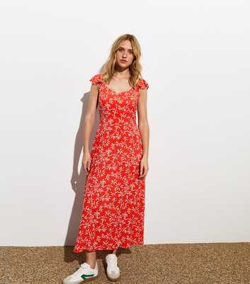 Red Floral Print Frill Sleeve Midi Dress