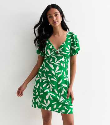 Green Leaf Print Twist Front Mini Dress