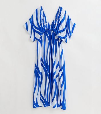 Curves Blue Line Print V Neck Maxi Beach Dress New Look