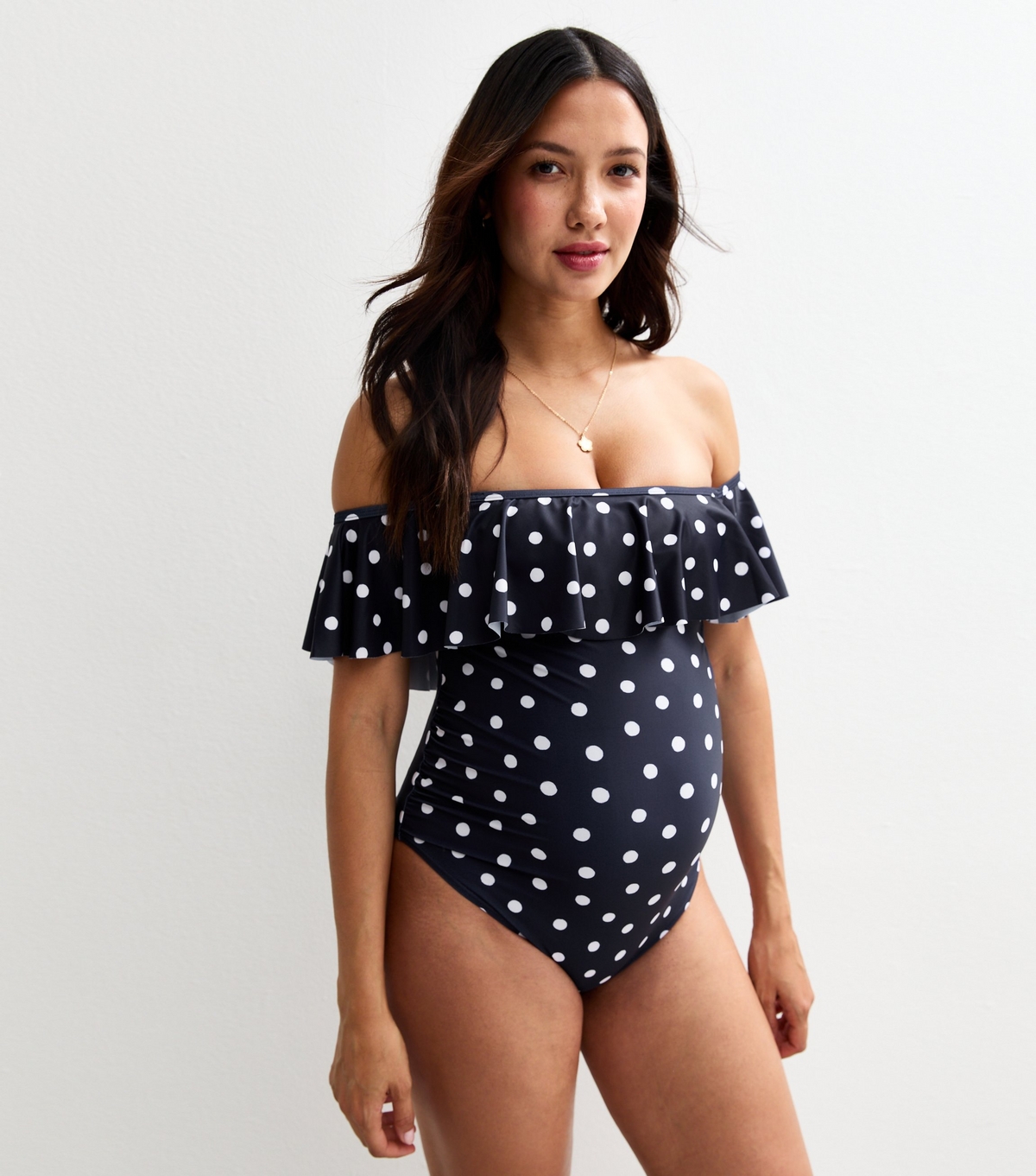 Women's Maternity Navy Spot Frill Bardot Swimsuit New Look