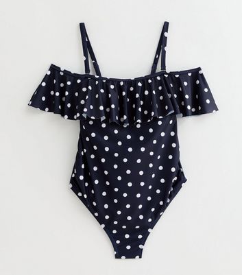 Maternity Navy Spot Frill Bardot Swimsuit New Look