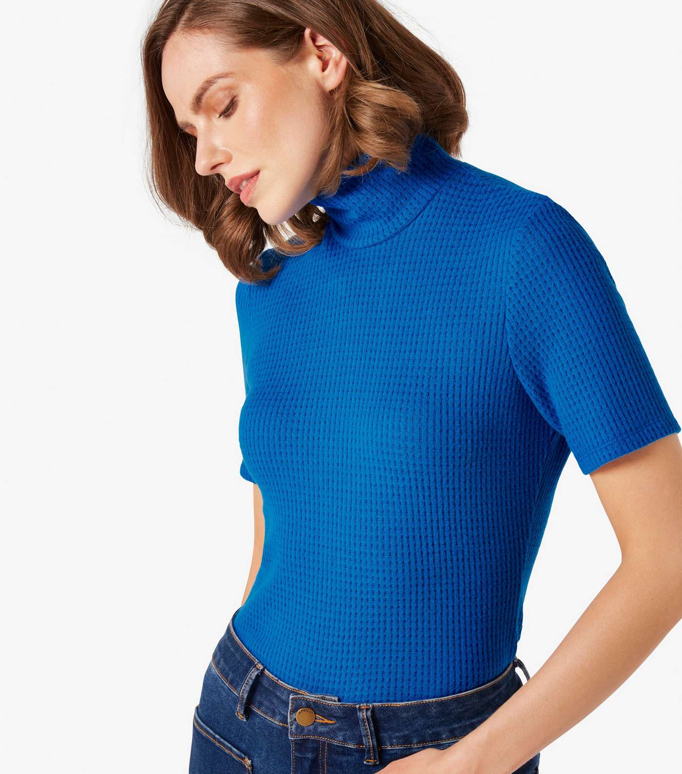 Apricot Bright Blue Roll Neck Waffle Knit Top Image 4