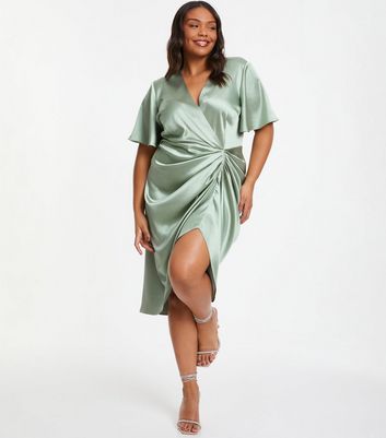 QUIZ Curves Light Green Satin Wrap Midi Dress New Look