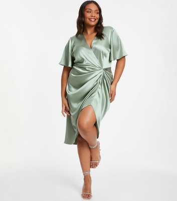 QUIZ Curves Light Green Satin Wrap Midi Dress