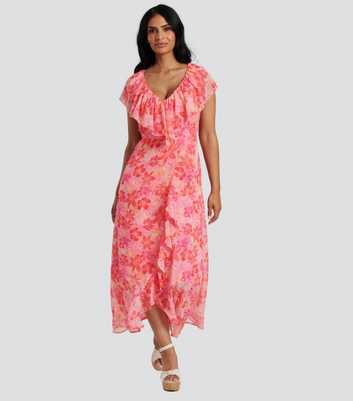 South Beach Pink Floral Chiffon Frill Midi Dress