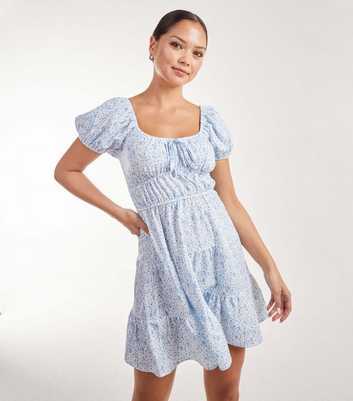 Pink Vanilla Blue Ditsy Floral Puff Sleeve Mini Dress