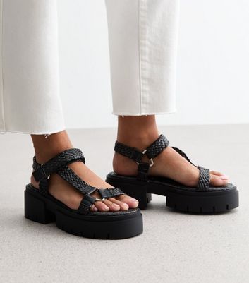 Public Desire Black Woven-Strap Platform Sandals New Look