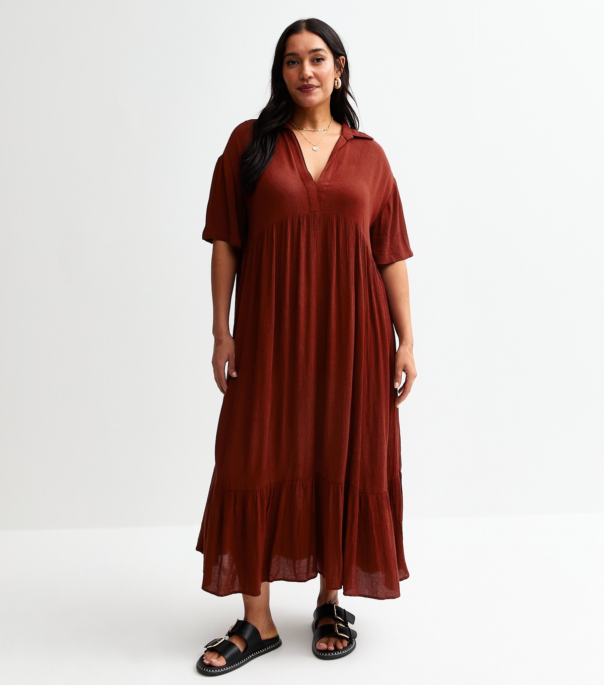 Women's Plus Size Rust Short Sleeve Tiered Midi Smock Dress Curves New Look