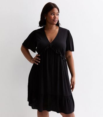 Curves Black Crinkle Frill Tiered Mini Dress New Look
