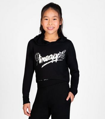 Girls Pineapple Black Metallic Logo Cropped Hoodie New Look