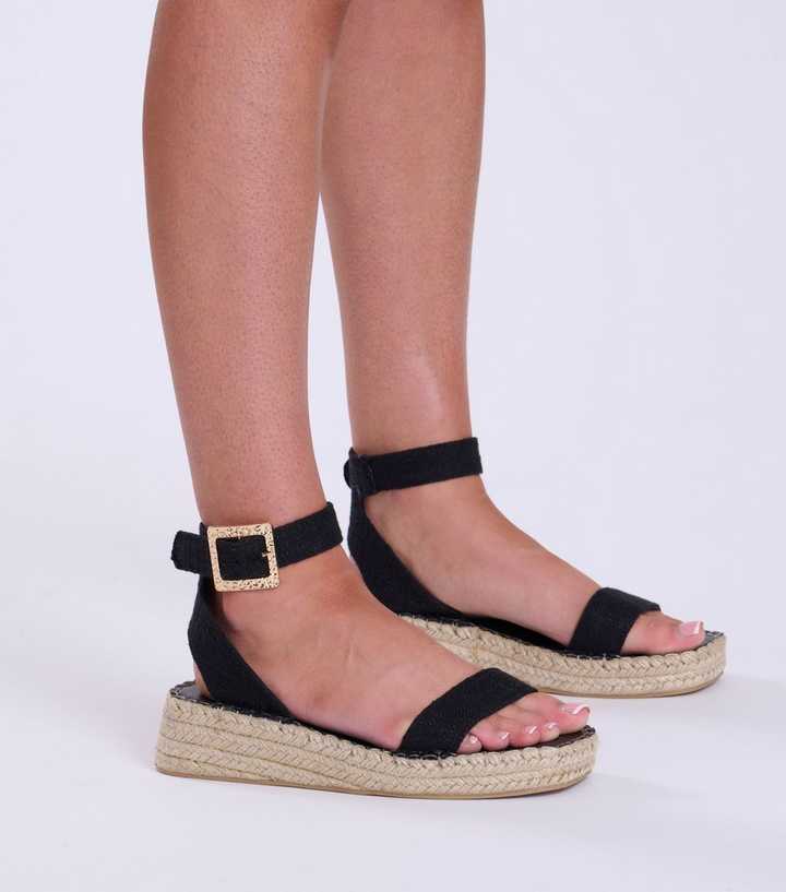 South Beach Black 2 Part Espadrille Wedge Sandals