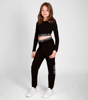 Pineapple Girls Black Tape Cargo Joggers New Look