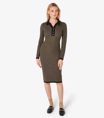Apricot Olive Geometric Knit Collared Midi Bodycon Dress