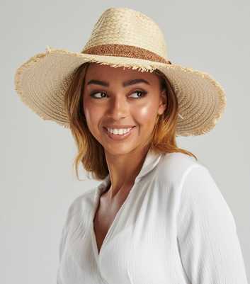 South Beach Cream Straw Effect Frayed Edge Fedora Hat