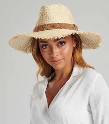 South Beach Cream Straw Effect Frayed Edge Fedora Hat New Look