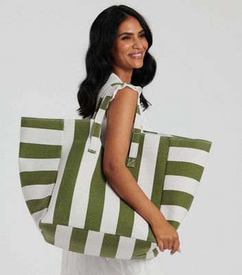 South Beach Green Stripe Oversized Tote Bag New Look