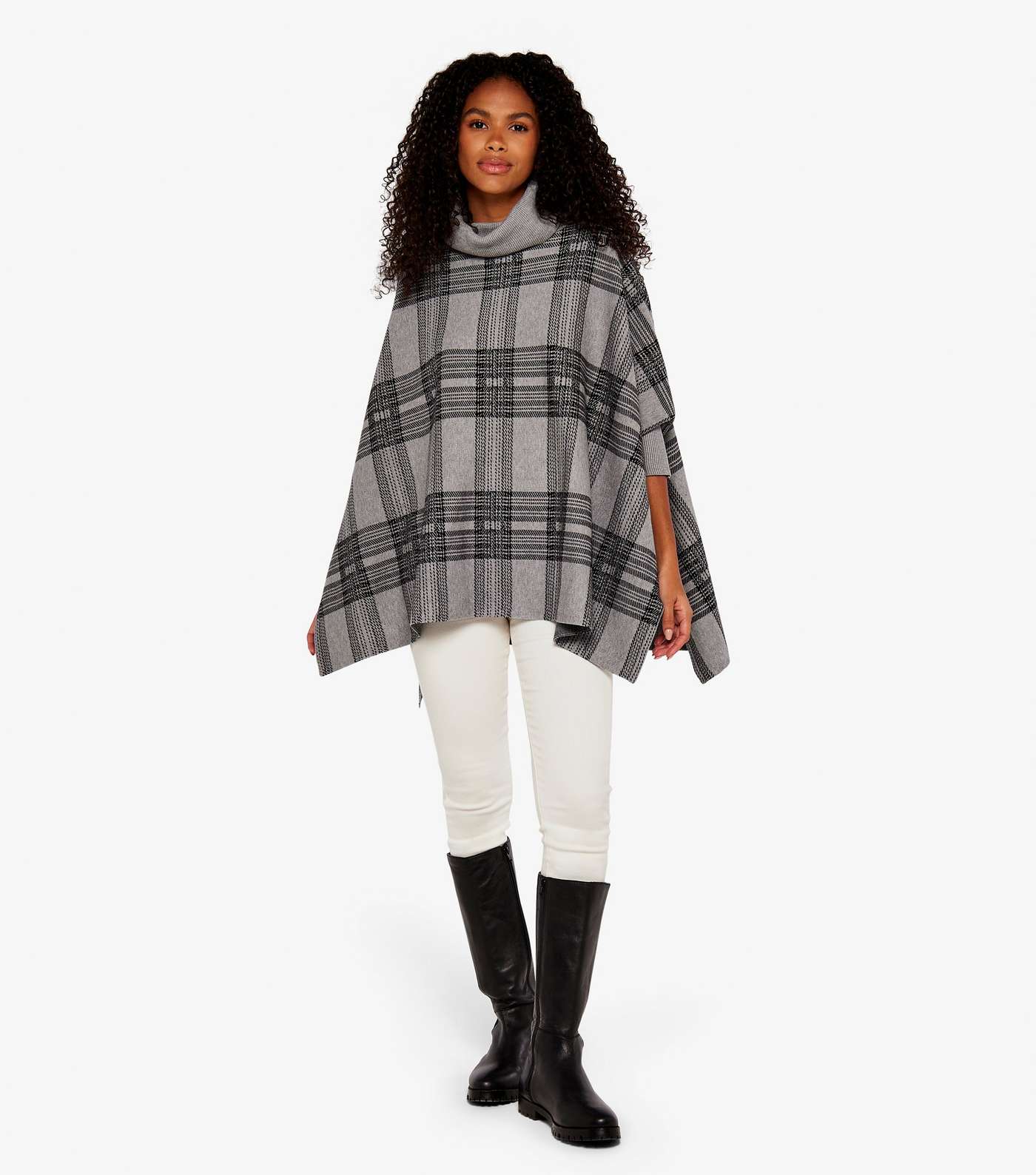 Apricot Light Grey Check Roll Neck Knitted Poncho Image 2